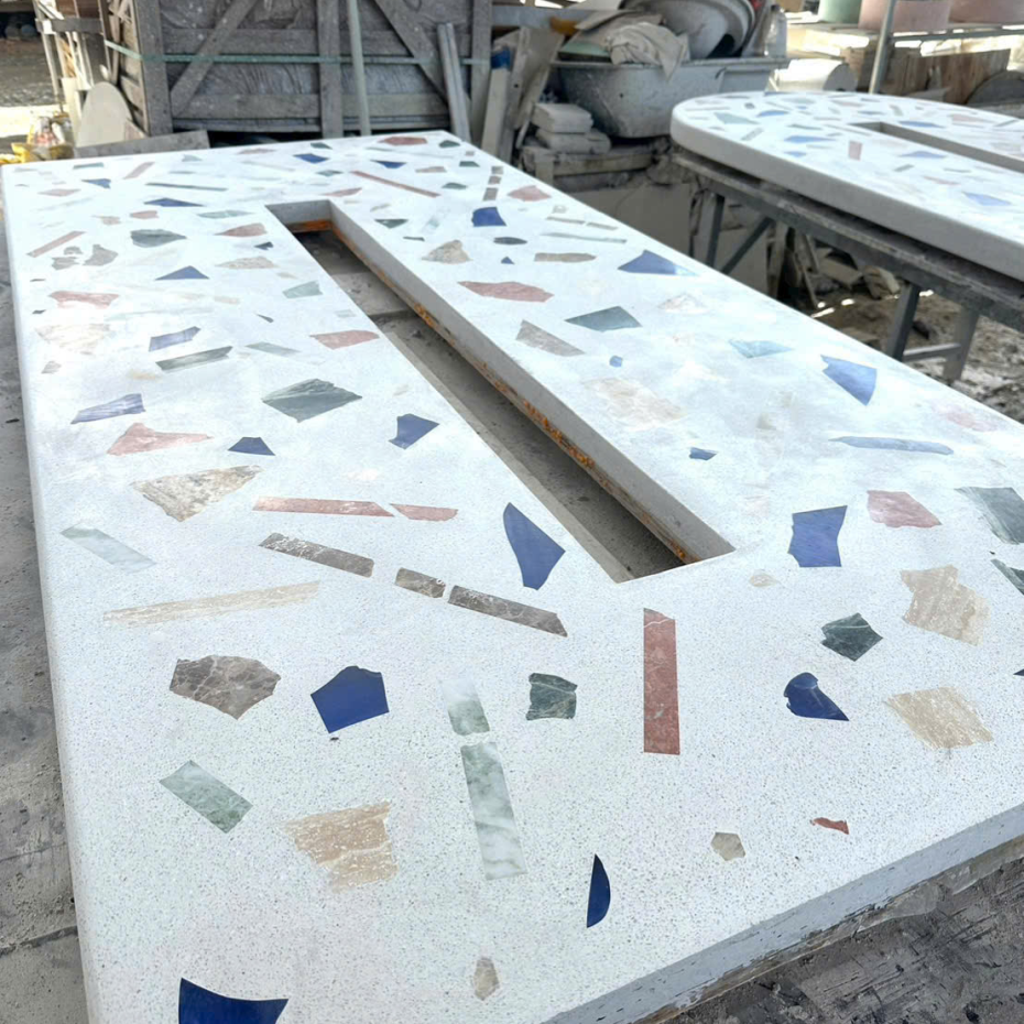 Gia Công Mặt Bàn Đá Terrazzo Kết Hợp Đá Marble Tự Nhiên Theo Yêu Cầu