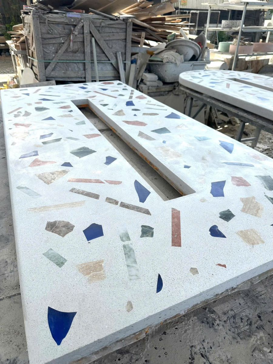 Gia Công Mặt Bàn Terrazzo Chữ Nhật Kết Hợp Marble Theo Yêu Cầu
