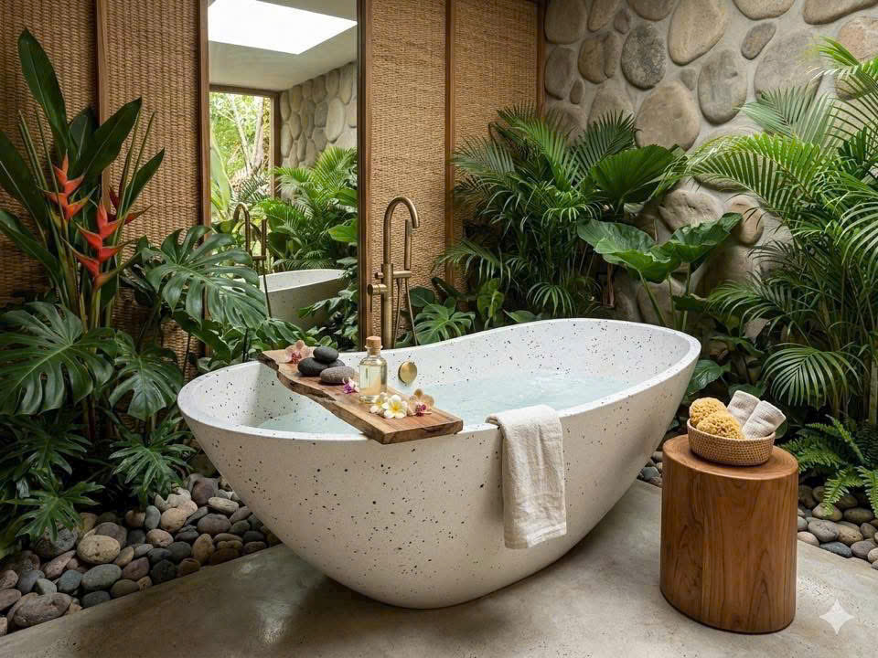 Bồn tắm nằm đá mài terrazzo tại sân vườn của khách hàng
